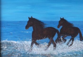 chevaux qui s amusent dans l'eau toile encadrée 14 x 18 huile $180 (1)