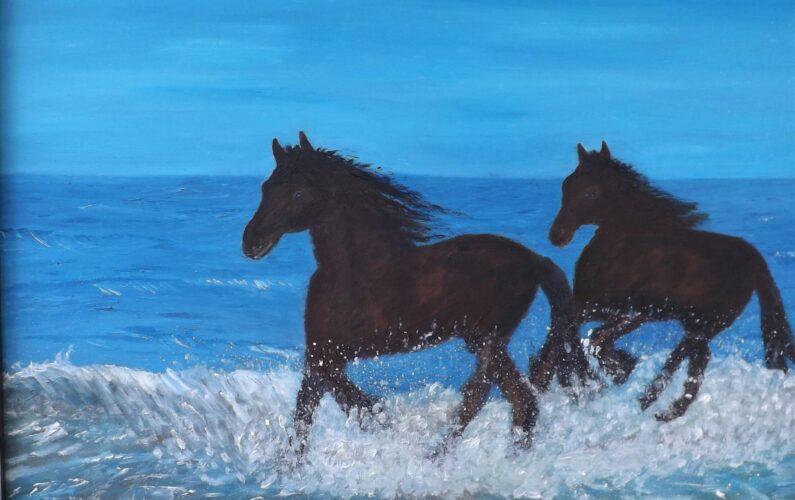 chevaux qui s amusent dans l'eau toile encadrée 14 x 18 huile $180 (1)